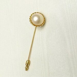 Majorica Long Gold Steel Stick Pin w/ White Half Pearl Vintage